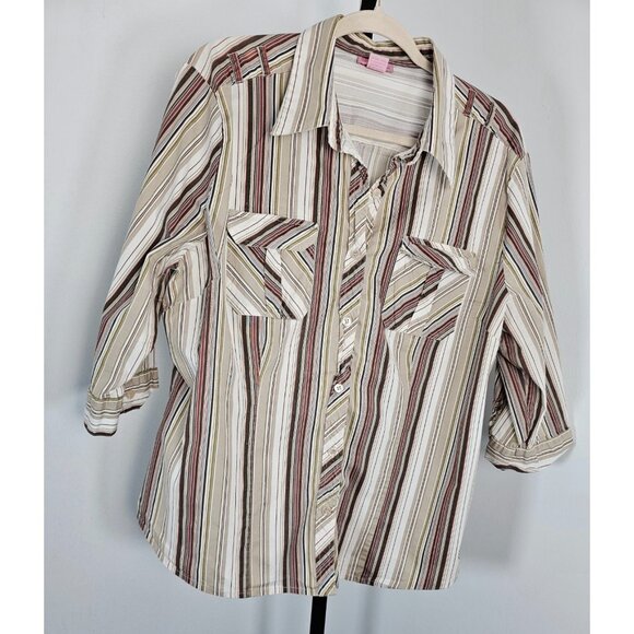 She's Cool 3/4 Roll Tab Sleeve Button Down Shirt Brown multicolor-SZ 2X - Picture 1 of 8